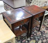 * A pair of reproduction mahogany bedside tables, a single beech occasional table, a painted metal