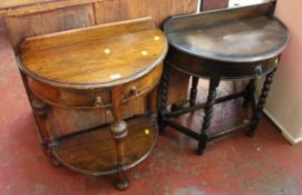 An oak demi lune hall table and another similar.
