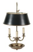 A brass and japanned metal mounted three light lampe bouillotte in Louis Philippe style, 20th