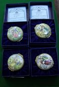 Four Bilston and Battersea enamel boxes, Spring, Summer, Winter and Autumn, boxed, two other