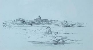 English School (19th century) St. Peter`s and the Castel Sant`Angelo, Rome Pencil, on light blue