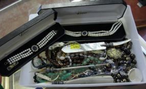 Quantity of costume jewellery, beaded necklaces, brass vesta case, shoe horn and other items  Best