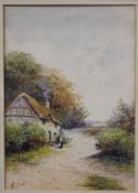 W.Hayes (1848-1918) Figure by thatched cottage on a lane  Watercolour Signed lower left  26cm x