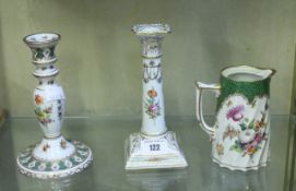 A Dresden porcelain candlestick, floral decorated, tapered square base, 18cm high, another inverse
