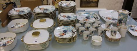 A modern china part dinner and coffee service, decorated with a cockerel, having gilt handles and