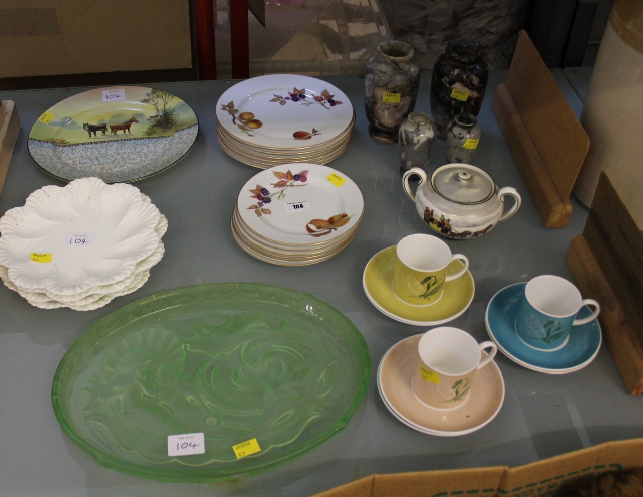 Susie Cooper part coffee service, three cans, Royal Doulton plate, Royal Worcester plates, green