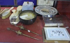 A quantity of miscellaneous items including an EPNS box, a marble stand, warming dish, dressing