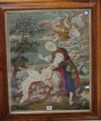 A Victorian woolwork picture of Abraham about to sacrifice his son Isaac, indistinctly inscribed and