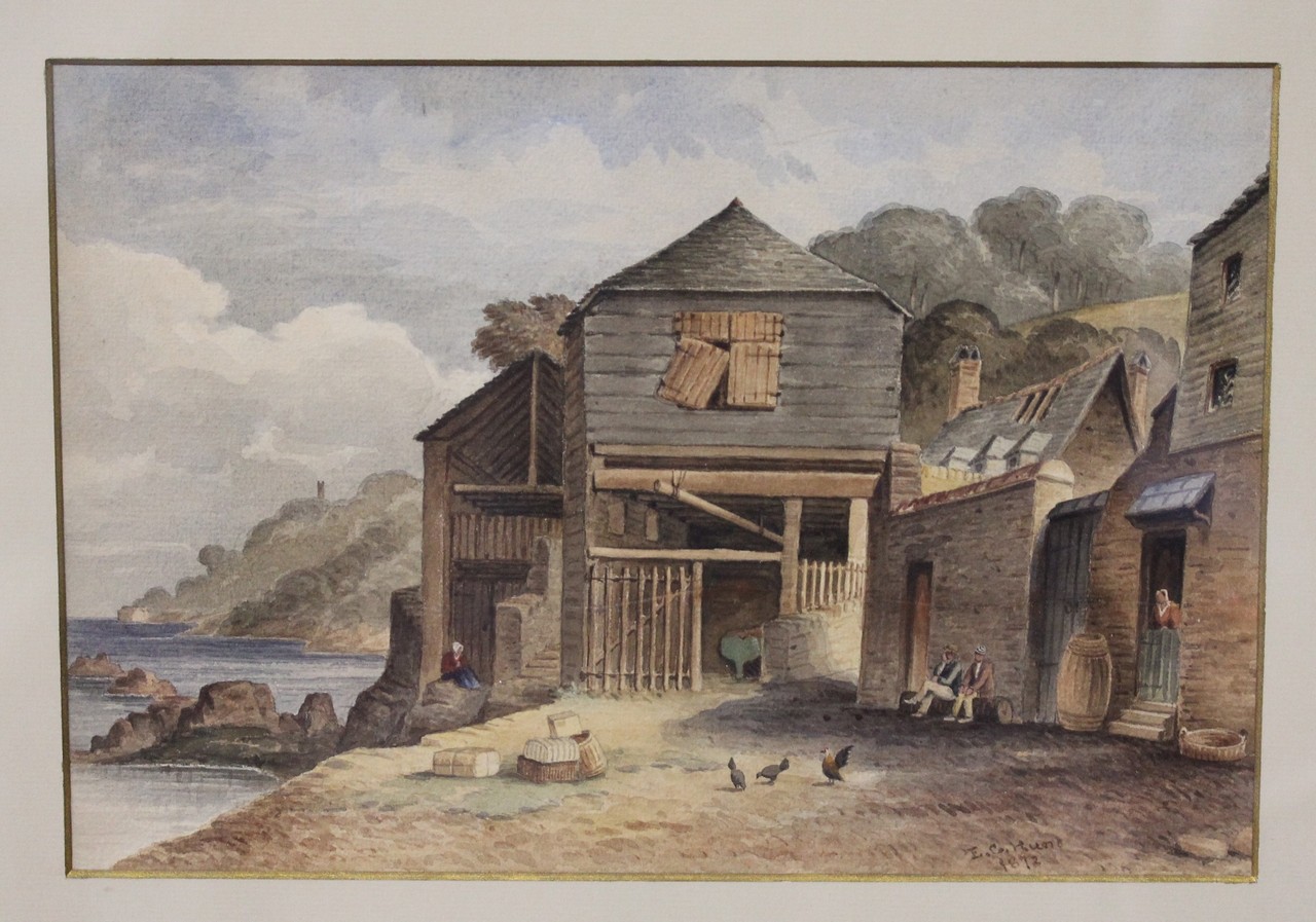 E. G. Hunt Fishing from the bridge; Resting in the coastal farm Watercolour, two The first signed