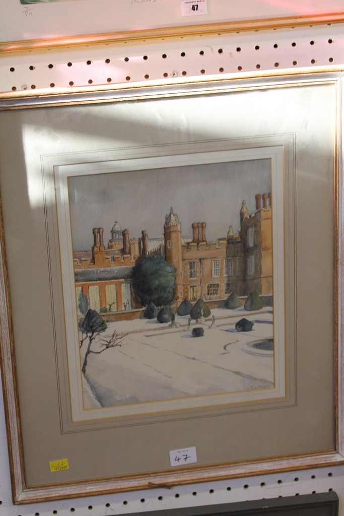 Roger Ronnington  Hampton Court in snow Watercolour  Signed lower right  Guildhall Art Gallery label - Image 2 of 3
