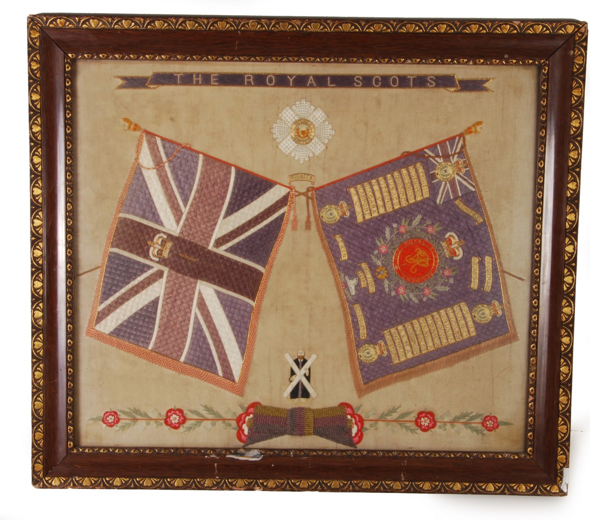A framed and glazed silkwork commemorative picture for the Royal Scotts Regiment, early 20th