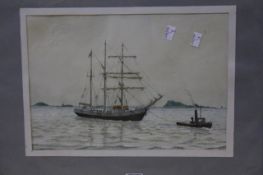 English School (late 20th century) A sailing ship under tow Watercolour Signed with initials FB 26cm