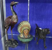 An American truck Indian Chieftain bonnet mascot, a bronze Labrador, a bronzed owl marked Richard
