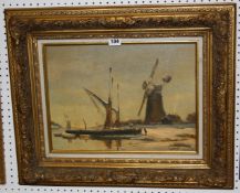 Lipstein (Dutch 20th century) A barge by a windmill under snow Oil on canvas Signed lower right 28.