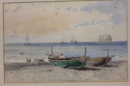 Walter William May (1831 - 1896) Sea pieces, fishing boats with figure on beach Pencil and