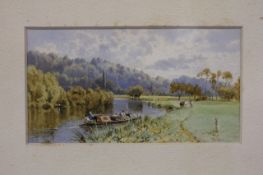Frederick   George Coleridge (1840-1925) River landscape with narrow boat Watercolour Signed