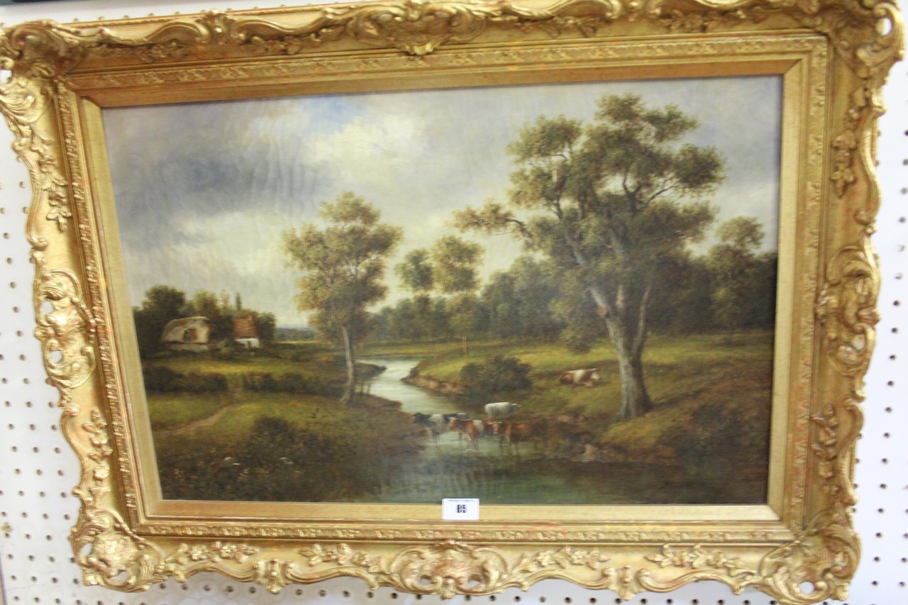 English School (19th century) River landscape with cattle, a cottage beyond Oil on canvas Signed