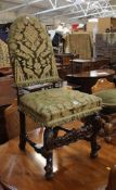 A carved walnut long low stool with upholstered seat and a 17th century style walnut side chair