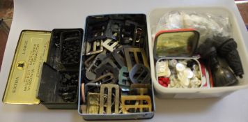 A collection of buckles, jade beads, old coins, pair of tureens and other items