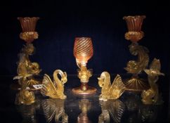 Suite of Venetian glassware to include a pair of candlesticks in the form of a stylised fish with