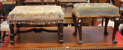 A 17th century style oak dressing stool and a walnut stool with cabriole legs and needlework stool