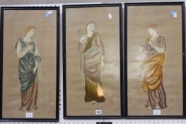 Three Arts and Crafts embroidered wool work pictures of maidens in classical style, possibly