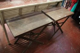 Four pine trestle tables, an occasional table and an oak tub chair  Best Bid