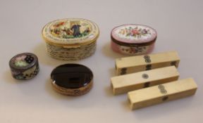 A gilt metal and onyx oval trinket box, three porcelain enamel boxes and three gaming sticks (7)