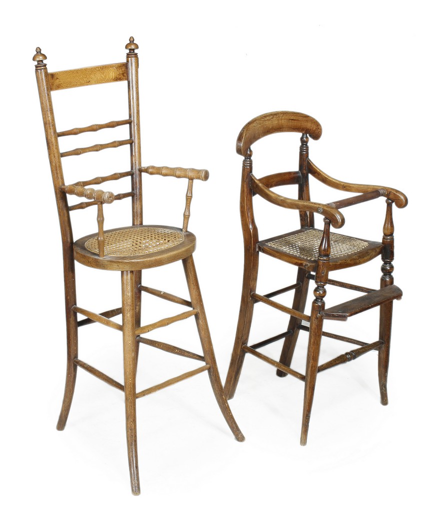 A Victorian beech framed and caned high chair, 19th century, 89cm high, 40cm wide, 46cm deep; a - Image 2 of 2
