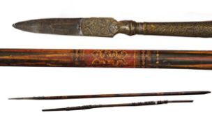 An Indian hunting spear, approximately 239cm; together with an African staff, approximately 169cm