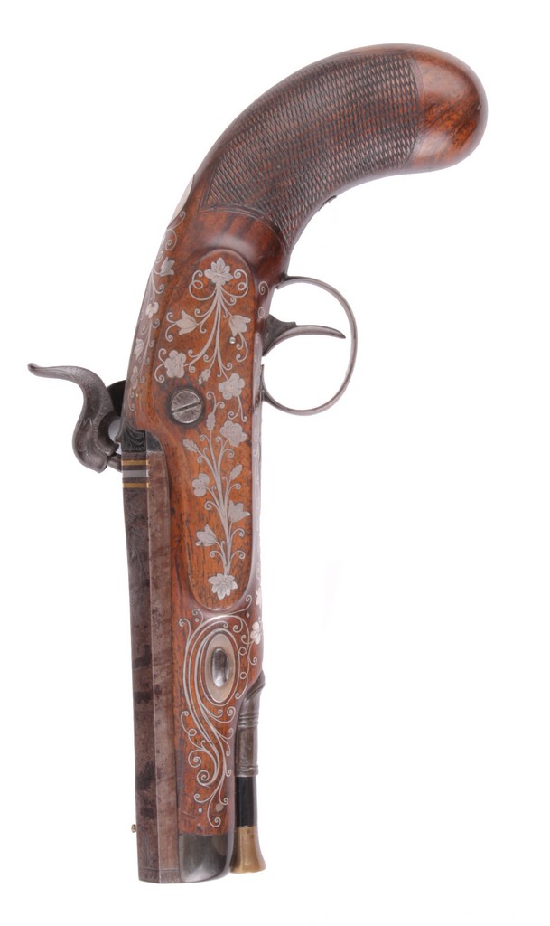 A Fine Silver Inlaid Percussion Travelling Pistol Circa 1830 with a 12cm octagonal sighted barrel, - Image 2 of 2