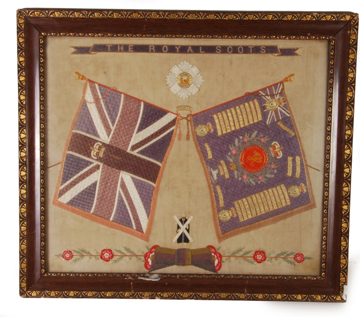 A framed and glazed silk work commemorative picture for the Royal Scotts Regiment, early 20th