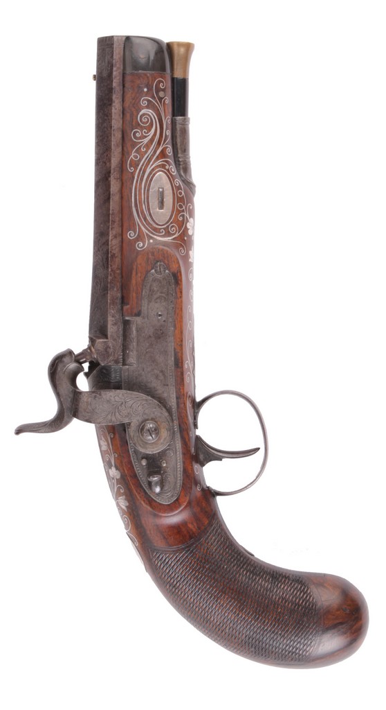 A Fine Silver Inlaid Percussion Travelling Pistol Circa 1830 with a 12cm octagonal sighted barrel,