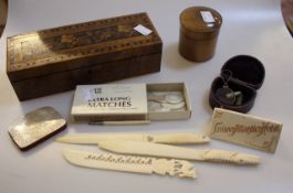 A Tunbridge ware box, bone letter openers, a turned wooden jar, a mother of pearl purse, Chinese