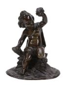 A French patinated bronze model of a putto, mid 19th century, portrayed as resting against a rocky
