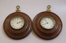 Pair Edwardian mahogany circular wall clocks, Roman numeral dial, 14cm in diameter