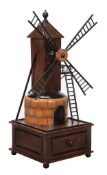 A Continental mahogany, fruitwood and ebonised automaton musical box in the form of a windmill, late