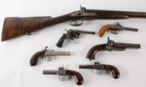 Five various pistols and a shotgun; comprising; a double-barrelled percussion-lock shotgun and
