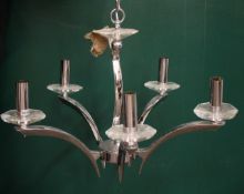 A pair of retro 1970`s perspex and chrome five branch ceiling lights and a matching downlighter, two