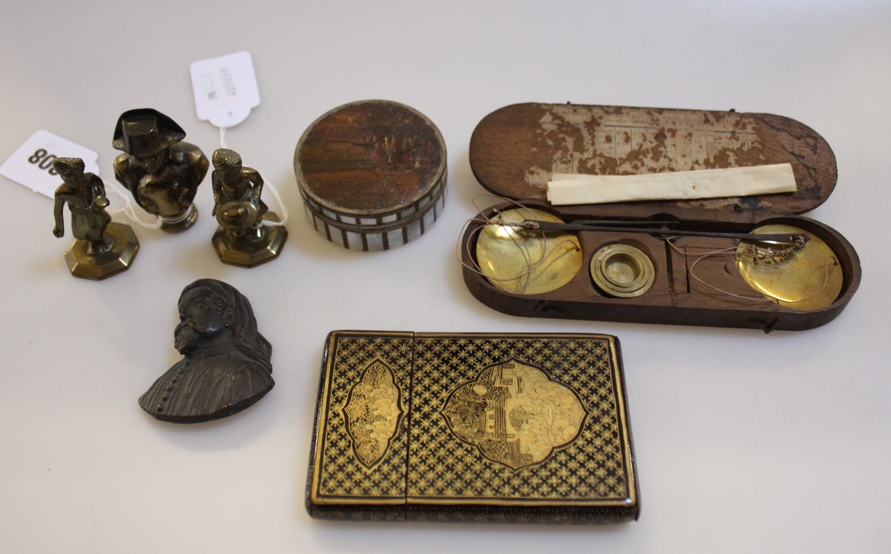 A set of 19th century brass and steel balance scales in fitted box with graduated weights possibly