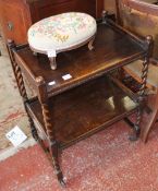 An Edwardian oak Sutherland table and two further occasional tables, oak buffet trolley and