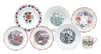 Six various British pottery printed children`s plates and a mug, second quarter 19th century, four