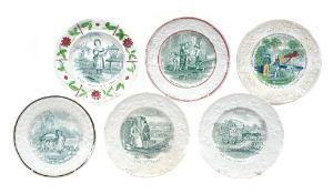 A selection of green printed British children`s pottery plates, second quarter 19th century,