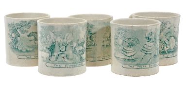 Five various British pottery under-glaze green printed children`s mugs, various decorated,