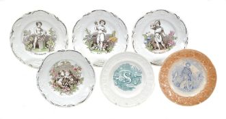 Six various British pottery children`s plates, second quarter 19th century, including four similar