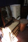 A wicker chest, cane laundry basket, toilet mirror, reproduction chest on chest, pair of beside