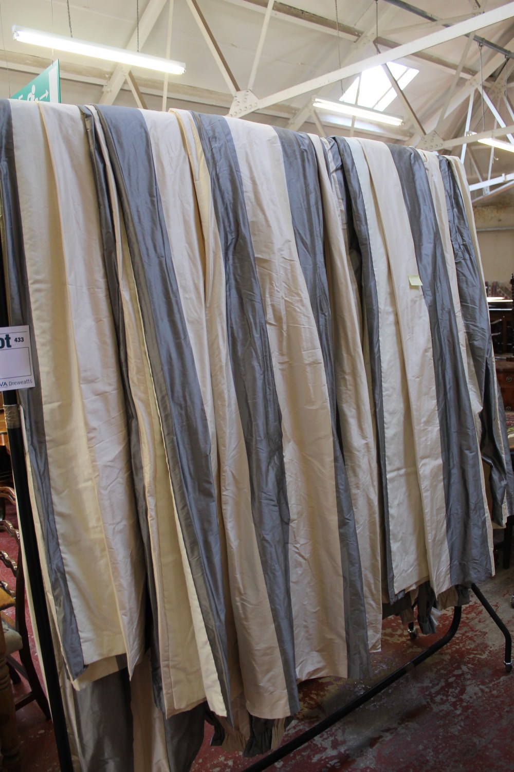 Four pairs of striped raw silk curtains approx. 320cm drop and a pair of pale green with floral