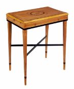 A satin birch and ebonised rectangular side table in George III style, each shortest side with a