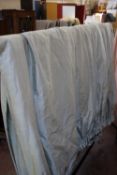 Two pairs of pale blue raw silk curtains, approx. 236cm drop, three single pale pink curtains