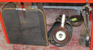 A copper coal scuttle, copper bed pan, mahogany aneroid barometer, brass fire screen and companion